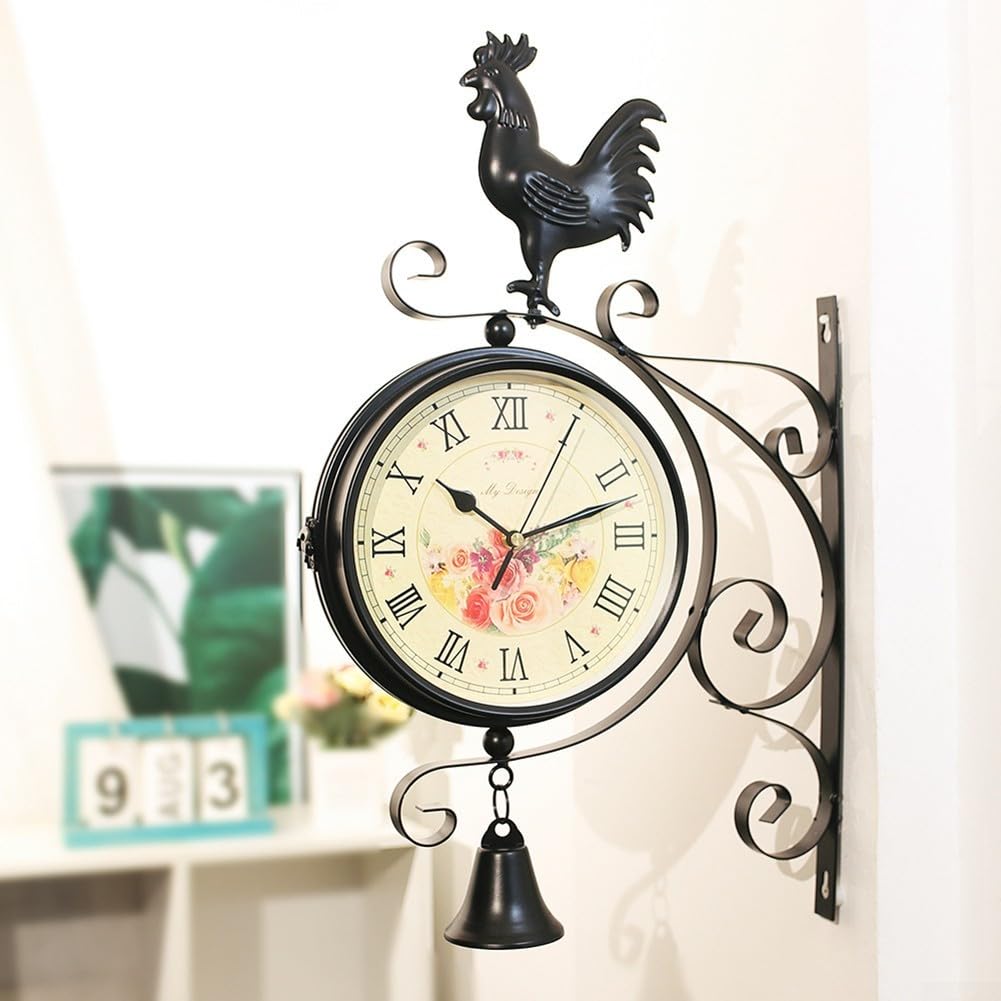 Orologio da parete vintage per esterni in ferro nero impermeabile, movimento al quarzo silenzioso con grandi numeri