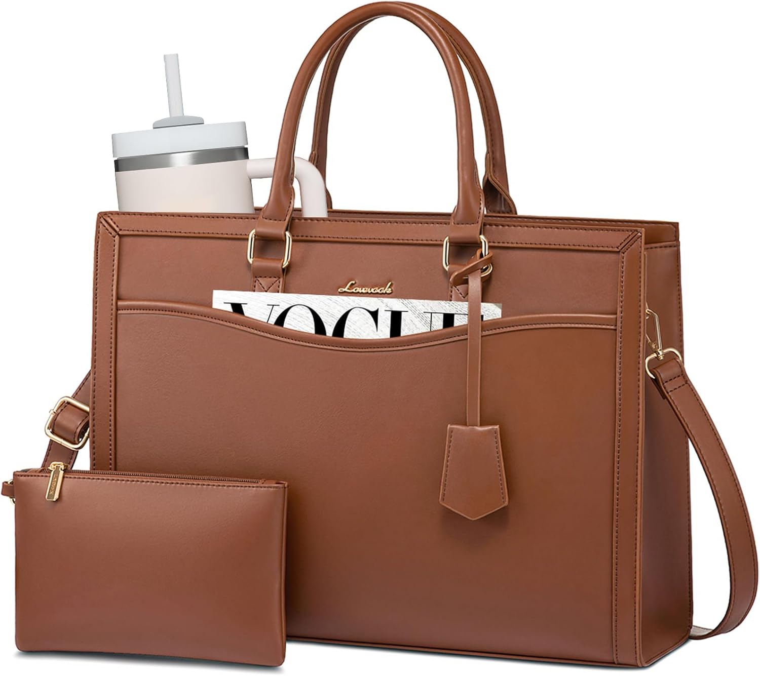 LOVEVOOK Laptop Tote Bag for Women, Office Work Bag Briefcase fit for 15.6 inch Laptop, Large Capacity Teacher Bag Handbag 15.6 inch Leather/Brown