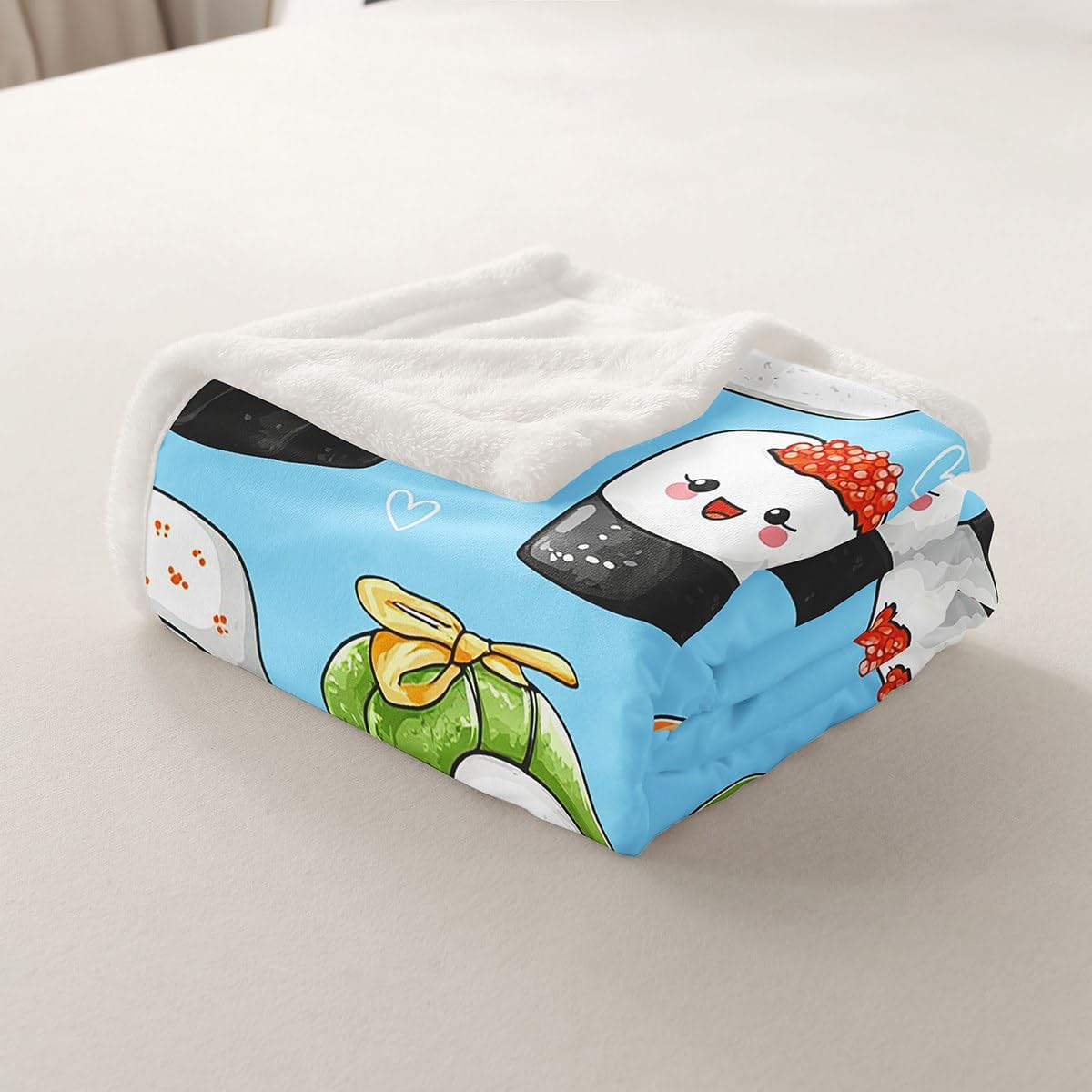Sushi Pattern Fleece Blanket 60"x80" Kids Cute Bed Blanket for Girls Teens Crib Stroller Decor Cartoon Japanese Style Throw Blanket Soft Microfiber Kawaii Crib Stroller Decor Teal