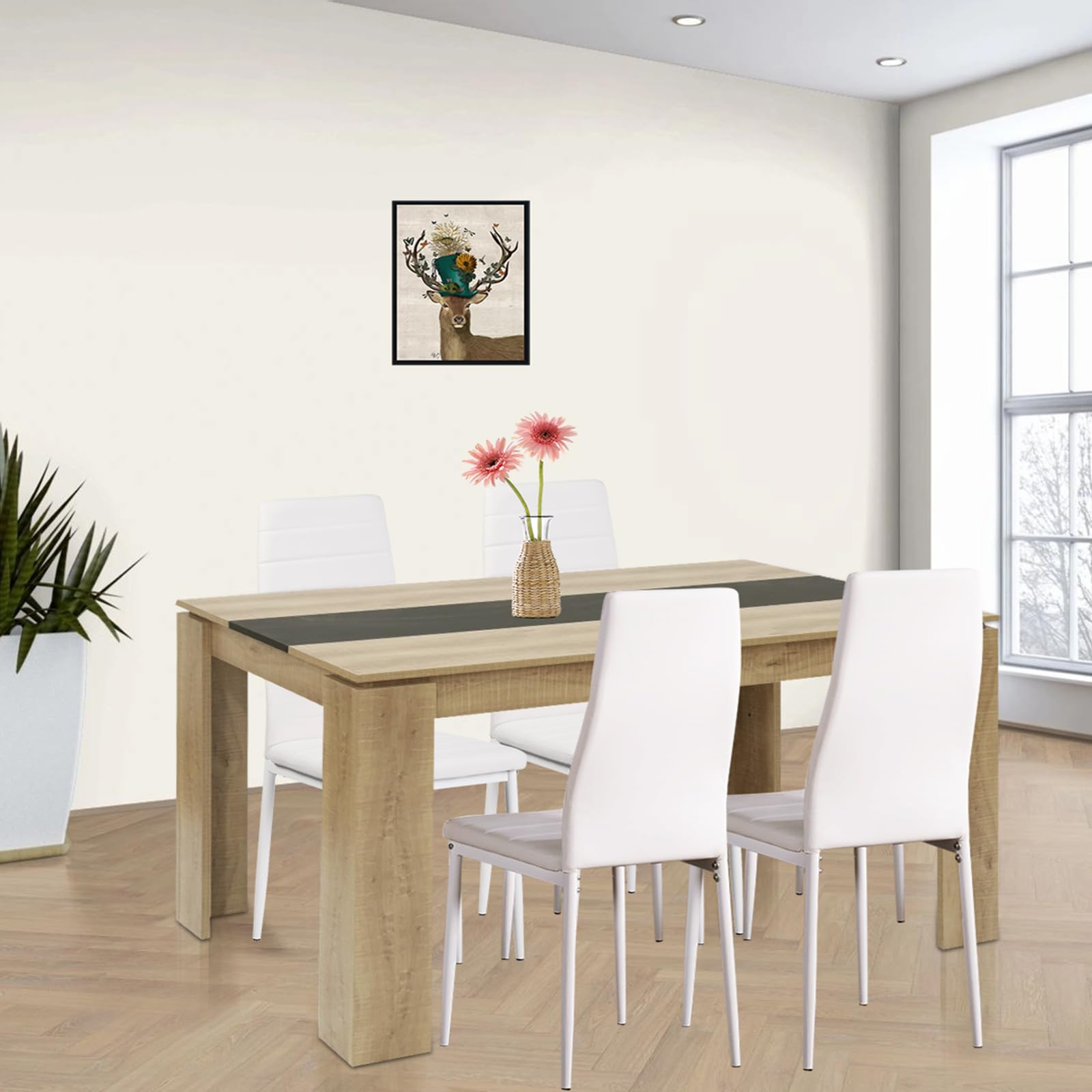 Esstisch mit 4 Stühlen Esszimmergruppe, 4er Set Esszimmerstühle und Rechteckig Holztisch Essgruppe für Wohnzimmer Küche Büro (160 * 80cm Tisch+4 Weiß Stühle)