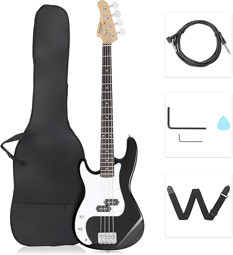 GLARRY Left Hand 4 String Electric Bass Guitar for Beginner Full Size Kit with Cable, Strap, Bag and Accessories (Black)