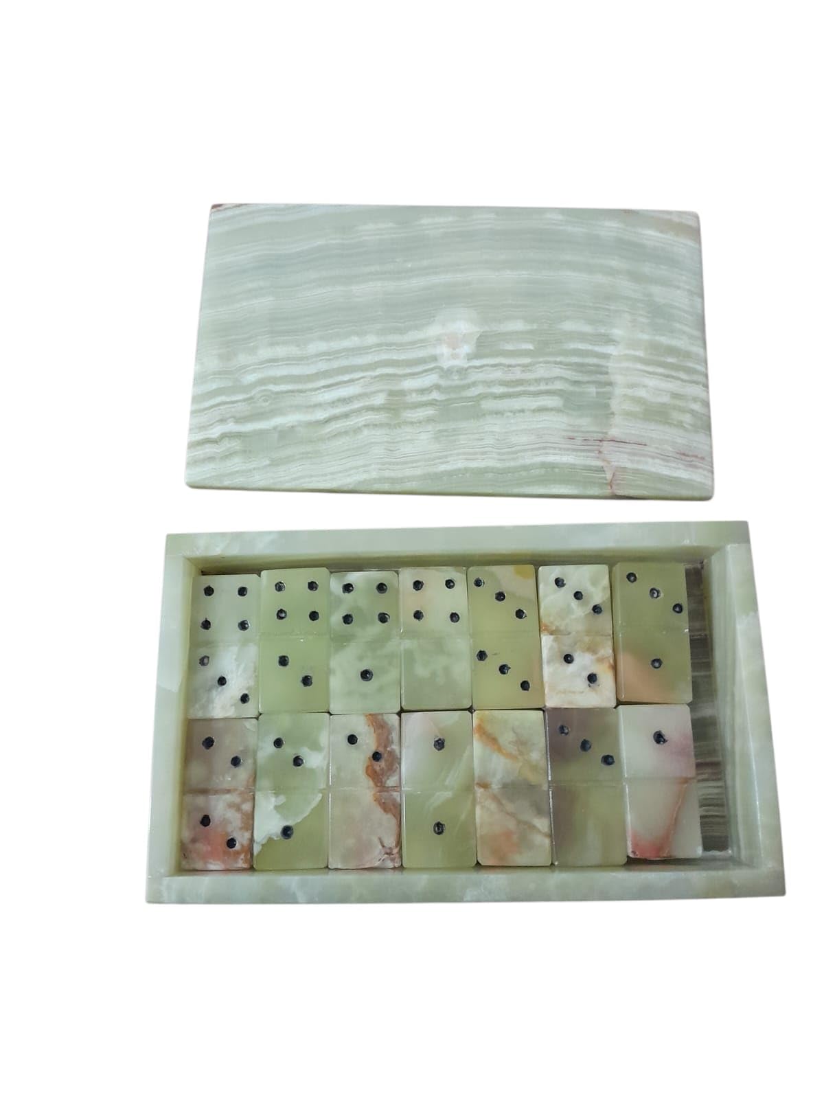 Handcrafted Onyx Domino Set with Storage Box, 20.3 x 20.3 cm, Marbled Green and Pink