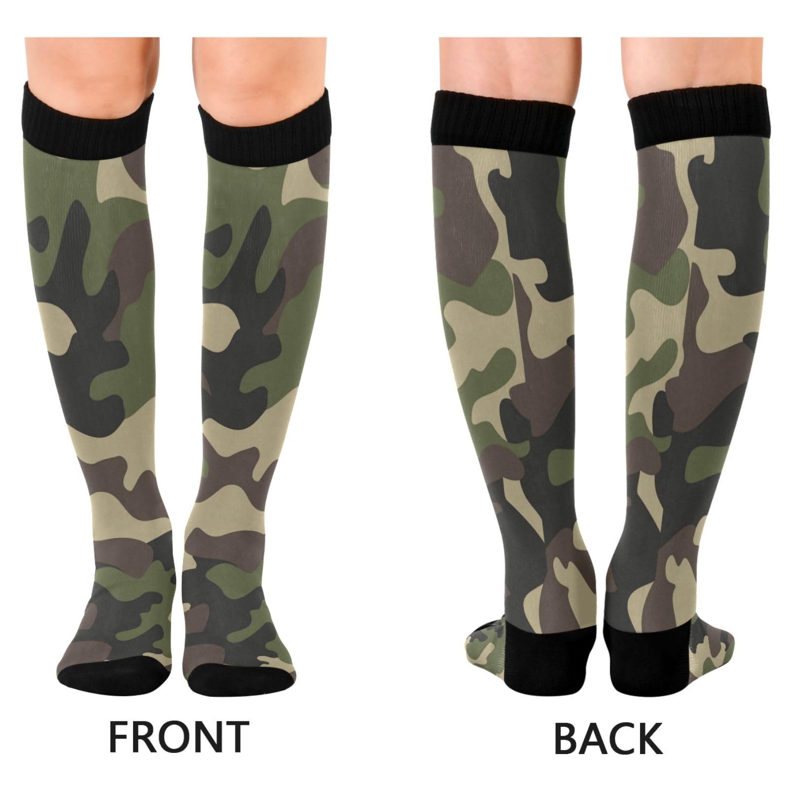 BOESI Green Brown Camouflage Compression Socks, Women's and Men's Knee High Running Socks for Sports, Running, Travel