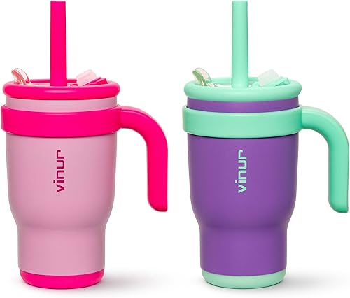 VINUR Vaso térmico para niños con asa y tapa con pajita  A prueba de derrames  Resistente a fugas  Vaso térmico de viaje de acero inoxidable de