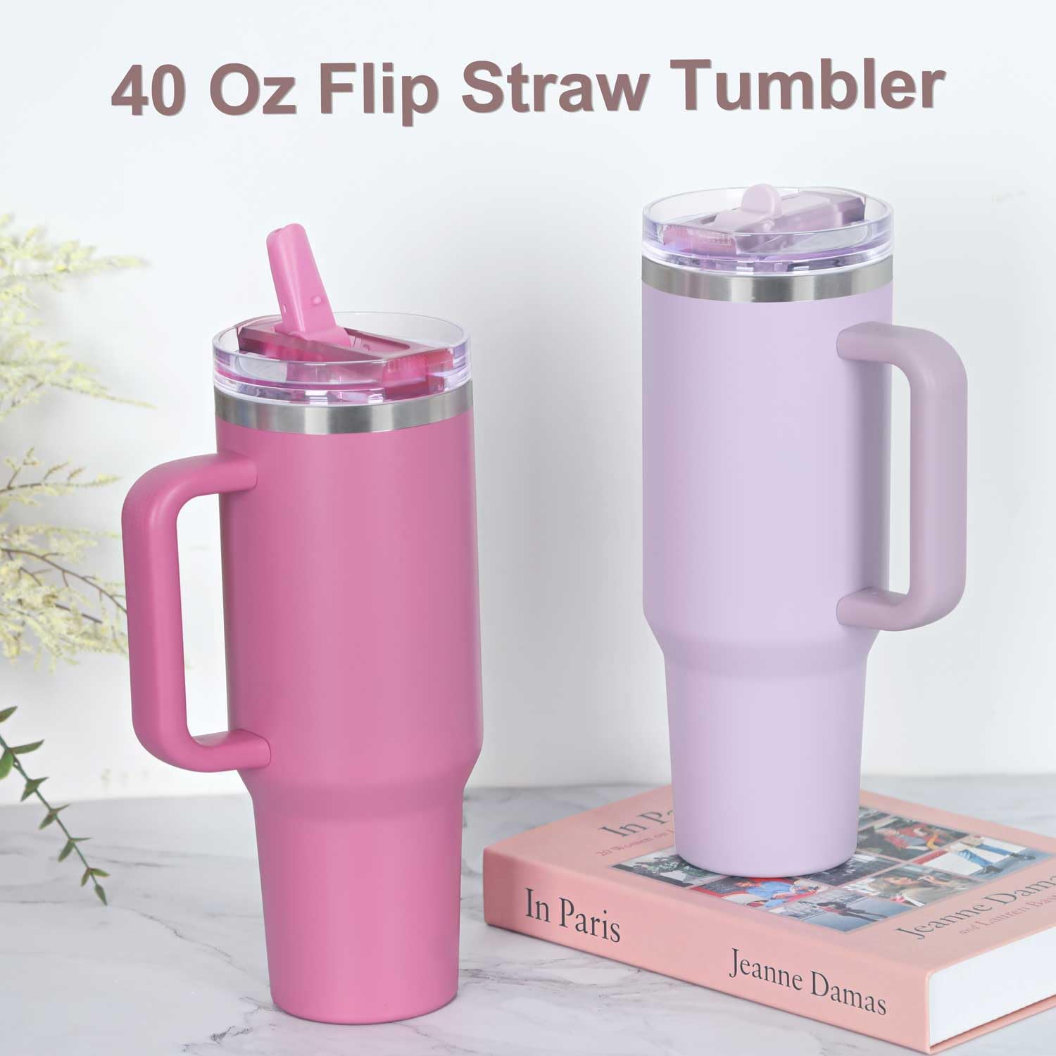 40 Oz Flip Straw Tumbler with Handle, Stainless Steel Double Wall Vacuum Insulated Cup with Flip Top Leak-proof lid, Purple