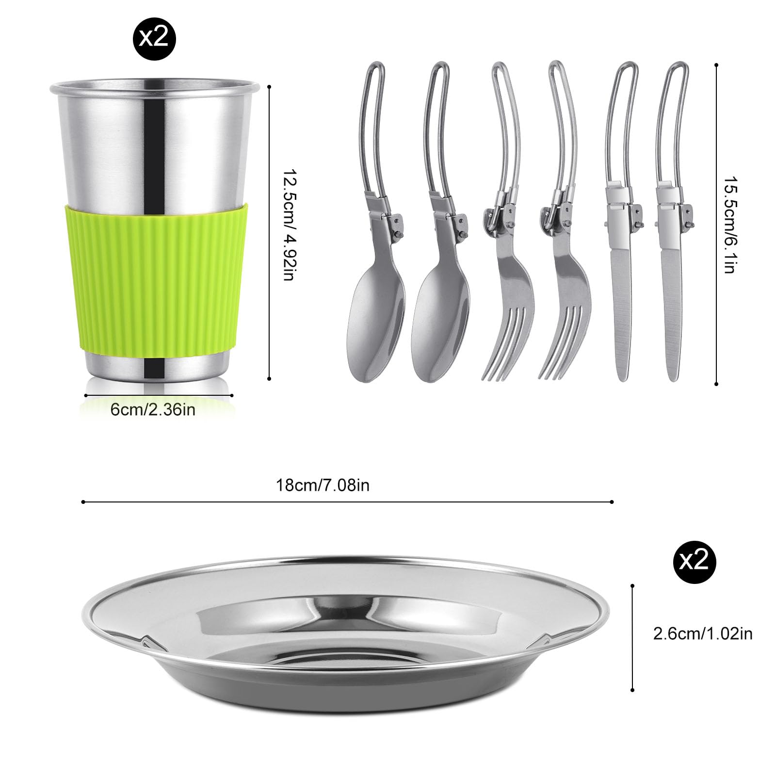 12 Piece Camping Mess Kit,Camping Cooking Utensils Accessories with Plates Cups Forks Spoons and Knives for 2 People,Stainless Steel Camping Cutlery Set with Mesh Bag for Backpacking, Hiking, Picnic