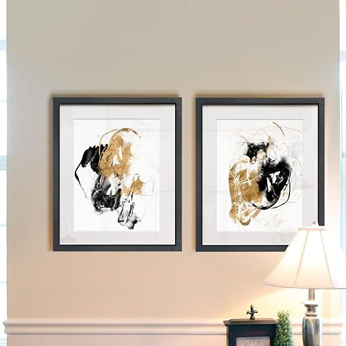 Miniatura 4 de Renditions Gallery Black & Gold Splash - Juego de 2 obras de arte enmarcadas, espiral, líneas, abstracto moderno, arte contemporáneo, marco negro