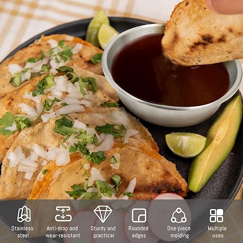 Miniatura 7 de Huakaile 6 platos redondos de acero inoxidable para salsa, cuencos de salsa de soja de 2 onzas, cuencos de 4 pulgadas para cocinar metal de