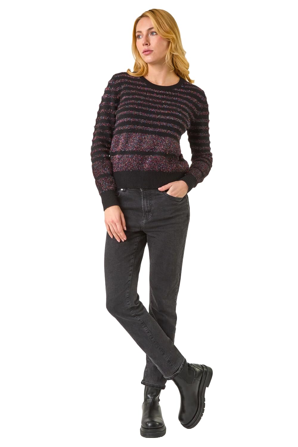Roman Originals Women's Noir Multi Fluffy Yarn Jumper For Uk Thick Sweater Warm Cosy Chunky Knitted Pullover Winter Furry Casual Smart Textured Everyday Cuddly Comfy Soft Knitwear - Size 10