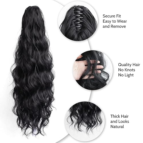 Miniatura 4 de StrRid Extensión de cola de caballo, extensiones de cabello negro con pinza de cola de caballo de 22 pulgadas, cabello sintético ondulado, rizado,