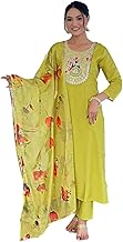 PARTHVI Women’s Viscose Embroidered Kurta Set with Pant & Dupatta – Straight Calf‑Length, 3/4 Sleeve, Round Neck – Elegant Ethnic Attire