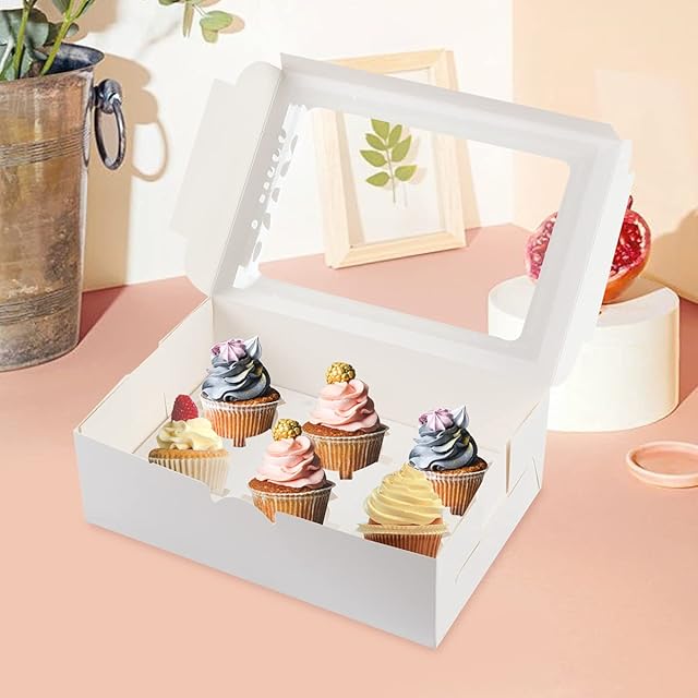 Arnech 10 Pack Cupcake Boxes with Inserts Hold 6 Standard Cupcakes, White Bakery Boxes Food Grade Kraft Cupcake Container for Muffins, Pastries and Cookies