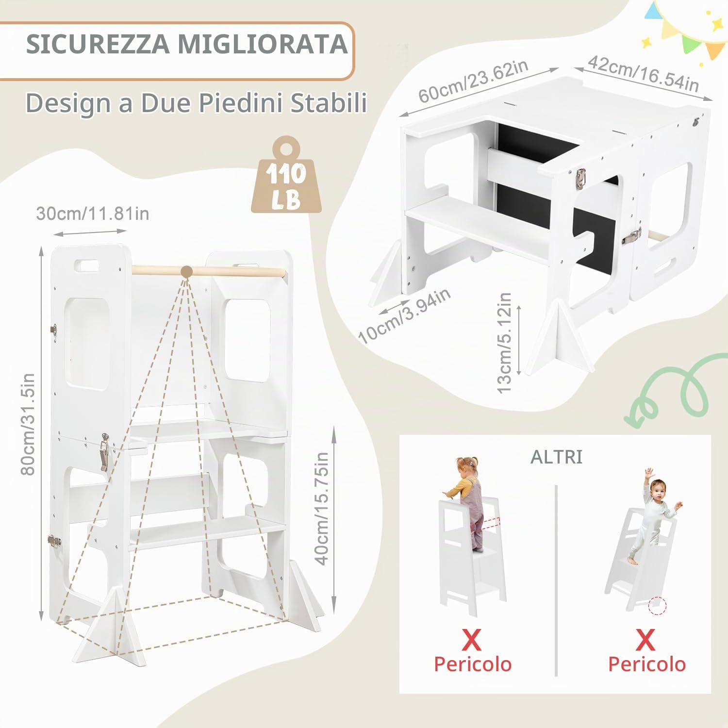 Torre montessoriana per bambini, 3 in 1 Multifunzionale Torre di apprendimento con lavagna, montessoriana Learning Tower Con tavolo da disegno scala montessoriana per bambini legnoso (Bianco)