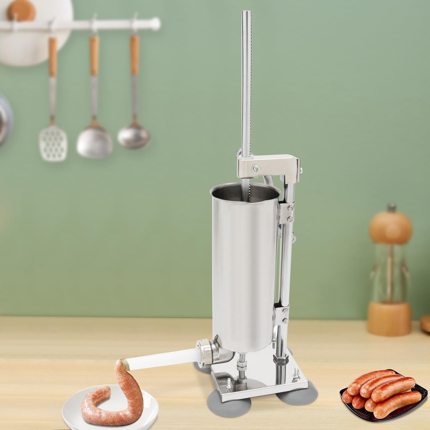 Sausage Stuffer - Stainless Steel Manual Sausage Maker - 3.5L 8LBS Vertical Meat Sausage Stuffer Machine with 8 Filling Tubes Attachment for Professional Commercial Kitchen and Home Use