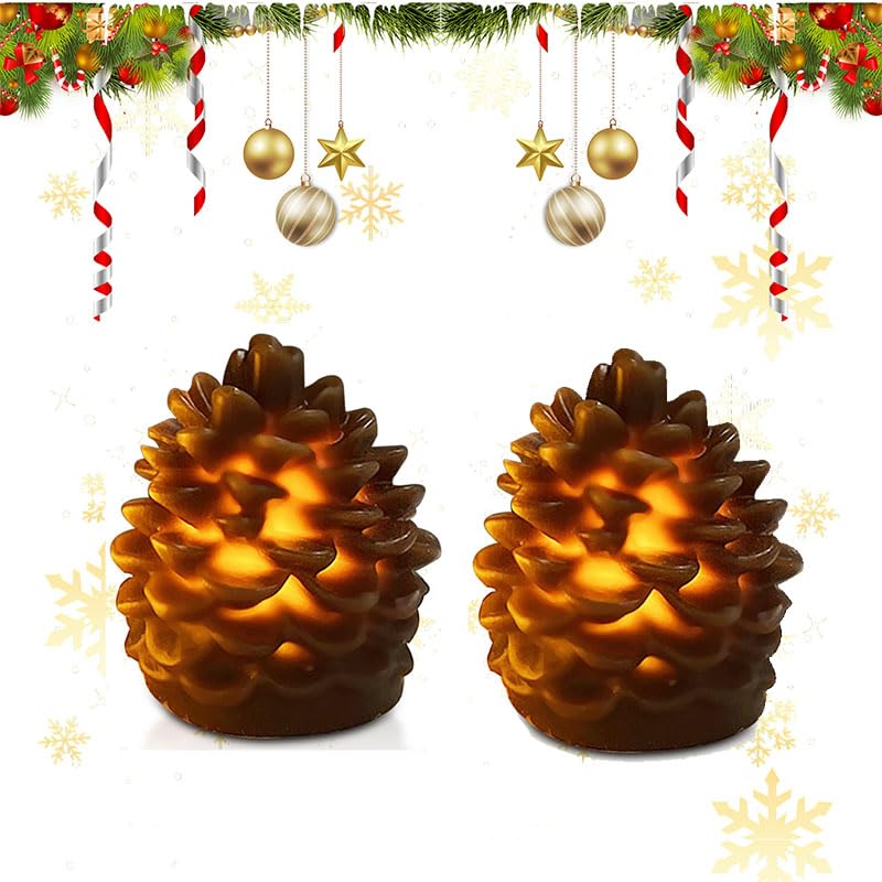 Christmas Flameless Candles, 2Pcs Pine Cone Flameless LED Candles Chrismas Pinecone Lights Battery Operated Decorative Candles Lights for Parties, Weddings Halloween, Christmas (Coffee,5.8*8CM)