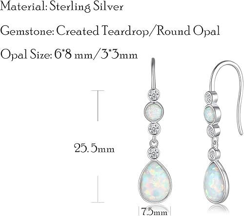 Miniatura 3 de FANCIME Created Opal Earrings Sterling Silver Hook Earrings with 2 White Fire Opal Stones Teardrop October Birthstone Earrings Fine Jewelry for Women