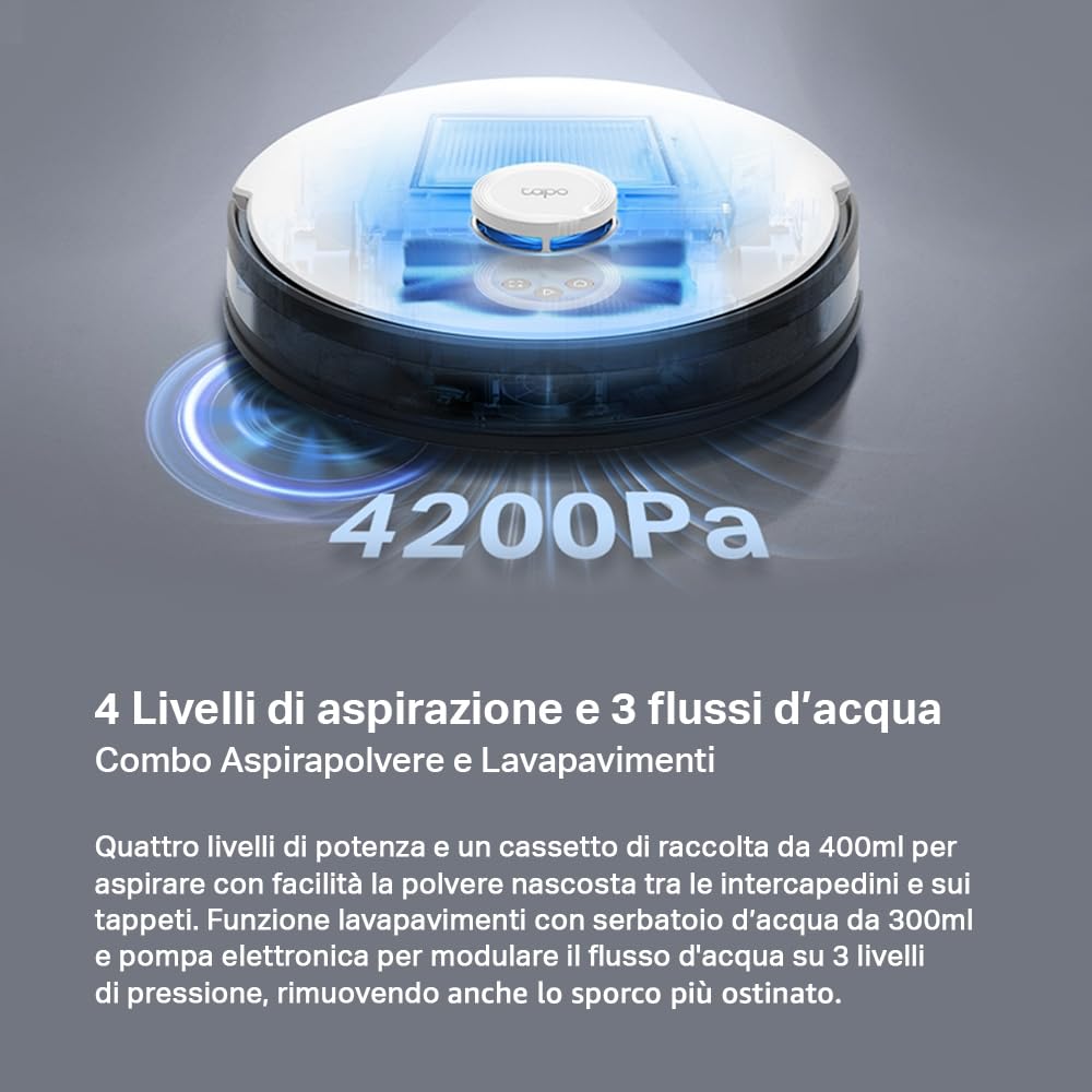 Tapo RV30C Mop Robot Aspirapolvere Lavapavimenti, Aspirazione Potenza 4200Pa, Navigazione LiDAR, Mappatura Rapida, Batteria da 3200mAh, Adatto a Pavimenti e Tappeti, Controllo Alexa & Google