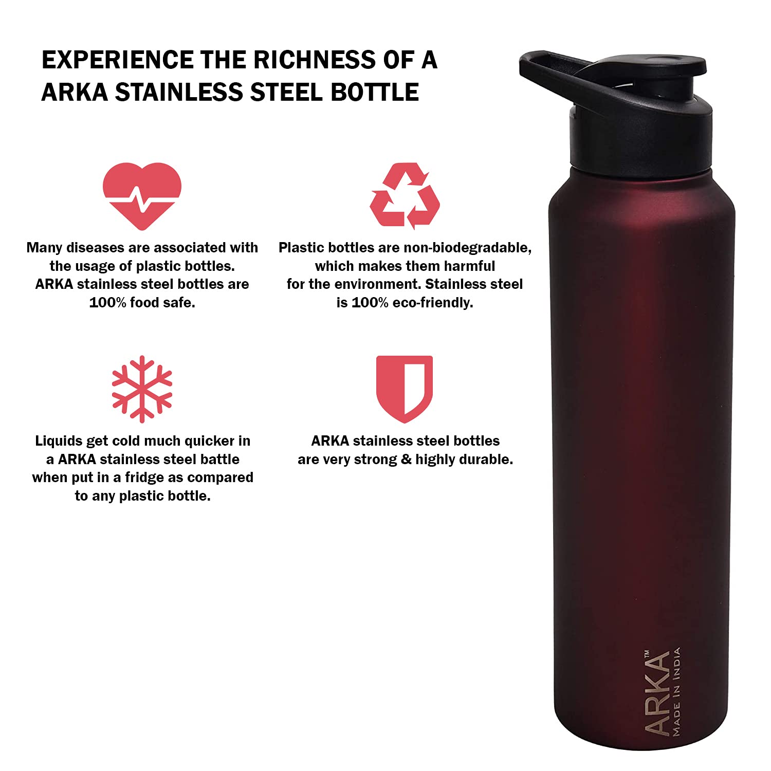 ARKA Stainless Steel Chromo Water Bottle with Sipper Cap, 1 Liter, Wine Red Ideal to Store All Beverages 2