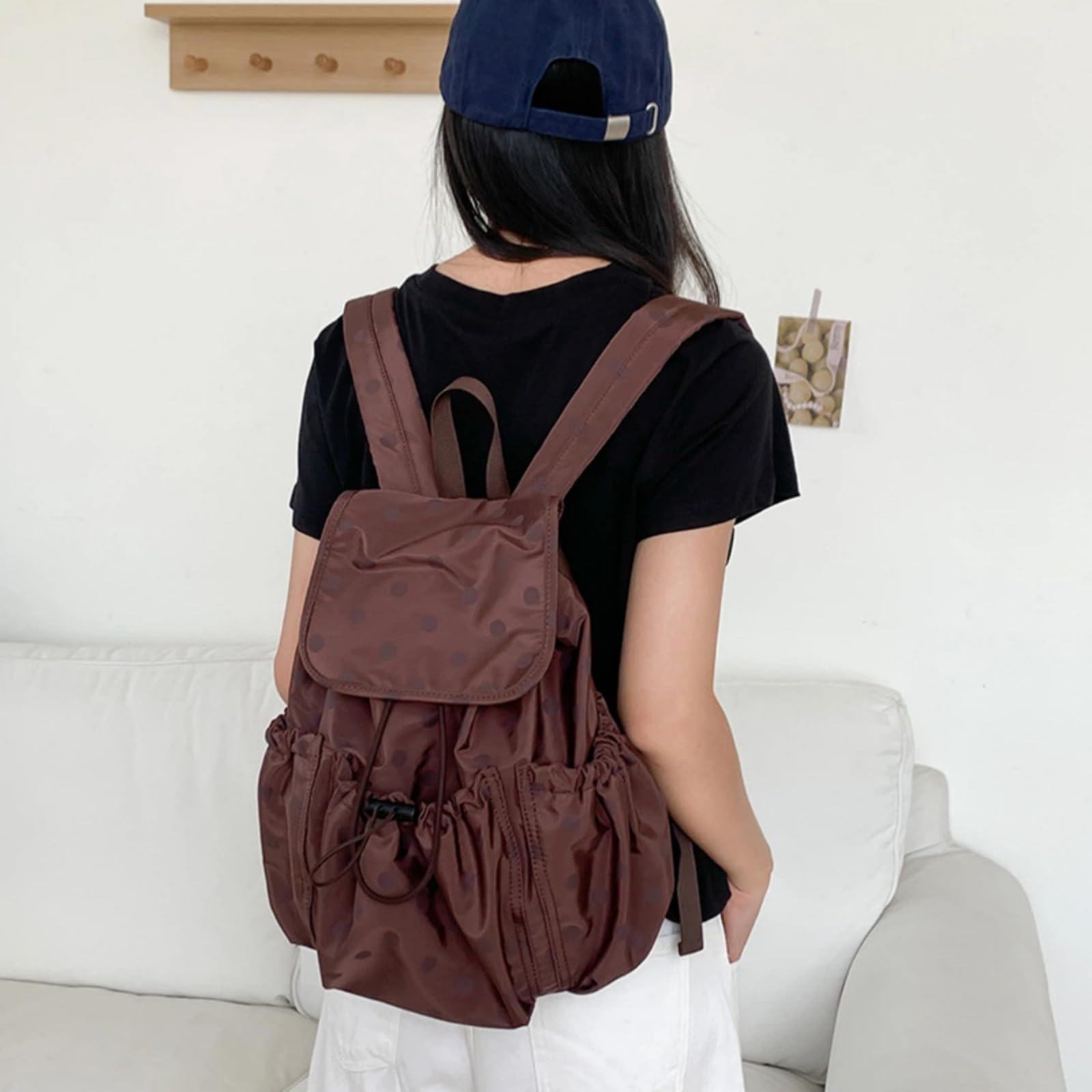 Little Dot Mochila Nylon Ligera Cordón Lunares Escolar Diaria(Café)