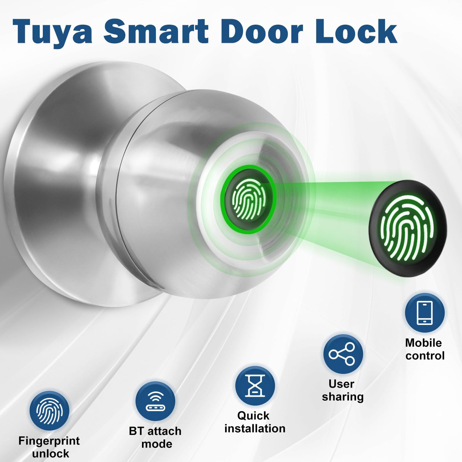 YFK Smart Fingerprint Door Lock for Bedroom, Keyless Entry Door Knob with Handle, Biometric Front Door Lock with App & Backup Keys for Home, Apartment, Office, Hotel (Silver)