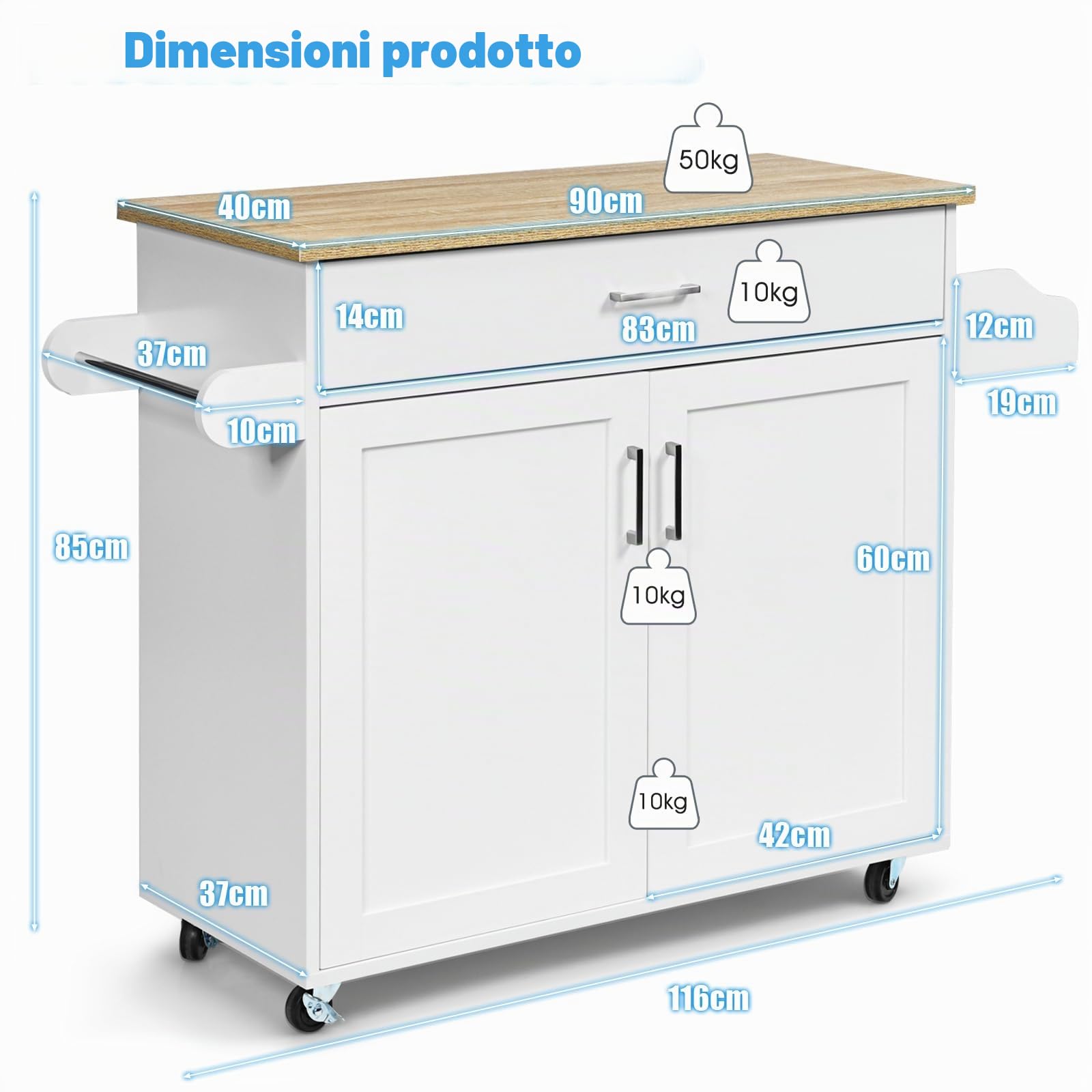 KOMFOTTEU Carrello da Cucina Ausiliario, Carrello di Servizio con Cassetto e Ripiano Regolabile, Isola da Cucina da Sala da Pranzo con Ruote Universali con Freni, in Legno, 116 x 40 x 85 cm, Bianco