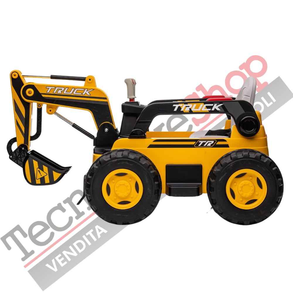 Tecnobike Shop Trattore Escavatore Elettrico Braccio Meccanico Per Bambini 12V con Radiocomando Luci LED Lettore Mp3