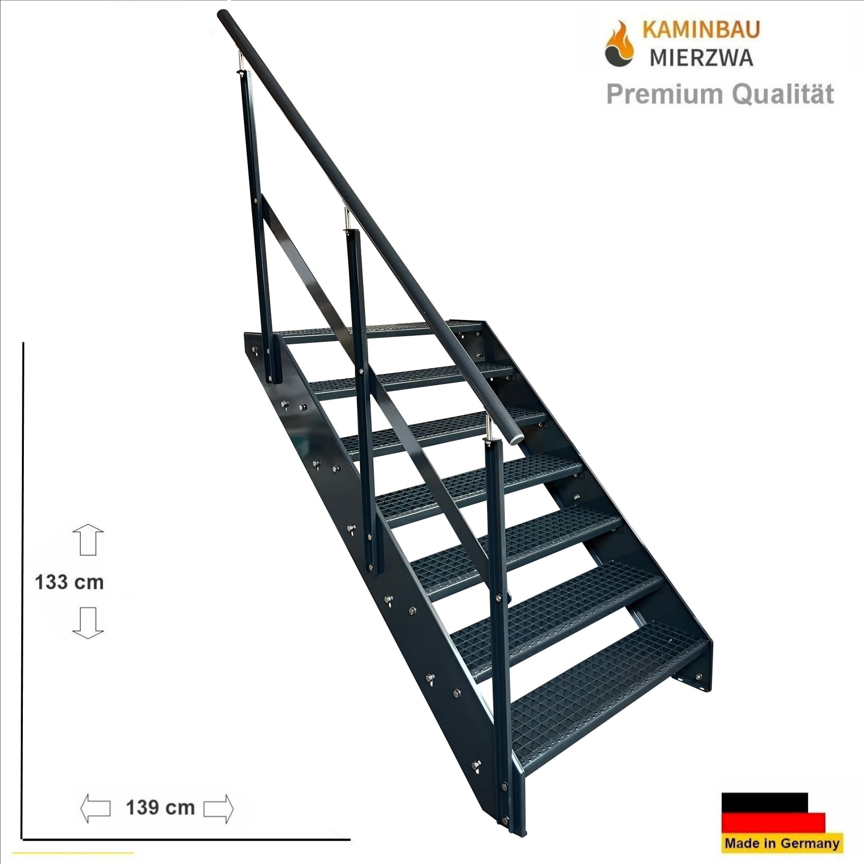 Schody podestowe, stalowe, antracytowe, 7 stopni, wysokość 133 cm, łącznie z podestem 100 x 100 cm, z balustradą, orientacją schodów policzkowych do wyboru w lewo/w prawo lub z przodu (orientacja