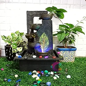 Craftisan Table Top 4 Steps Designer Brown Diya & Leaf Design Water Fountain with Multicolor LED Light