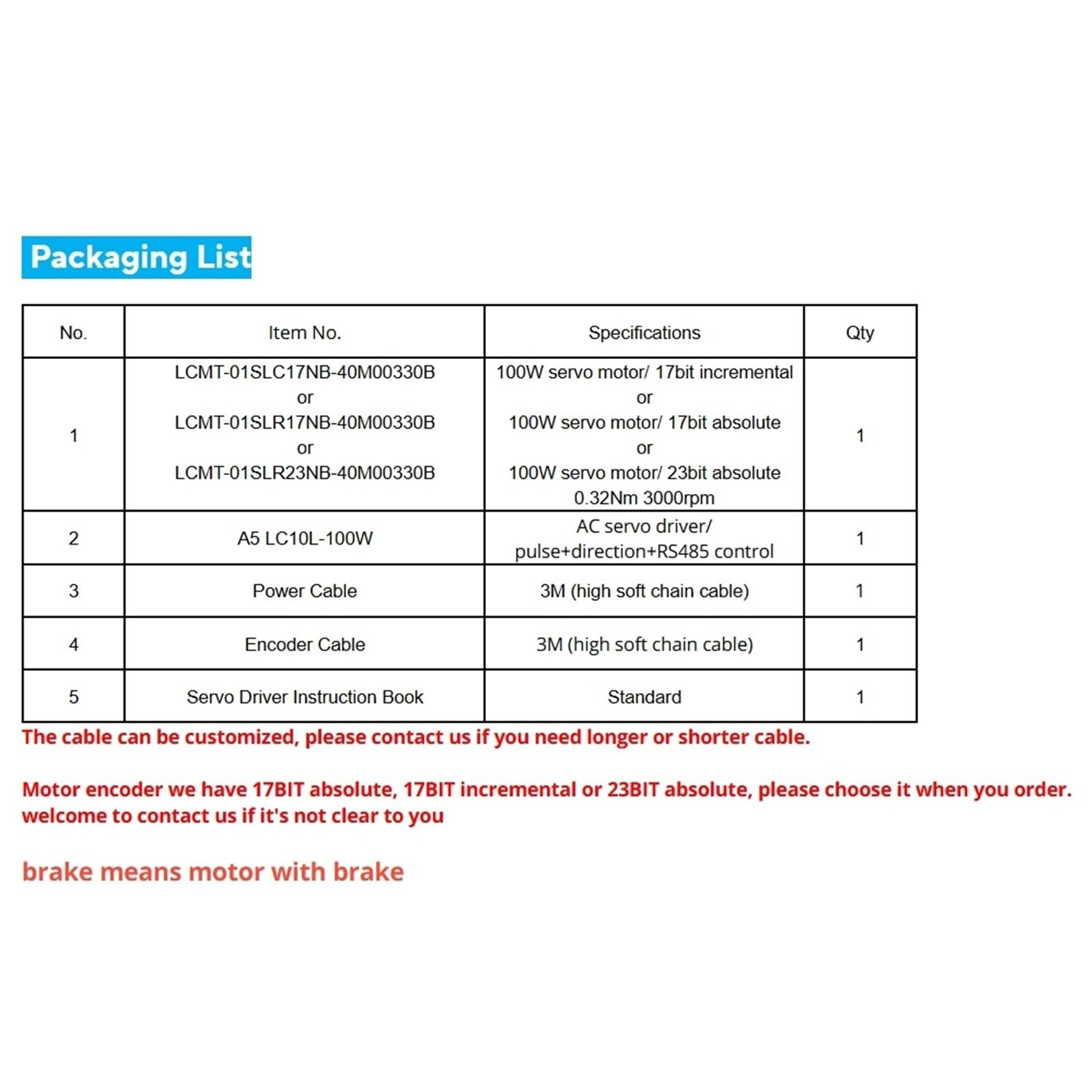 Servomotor Industrie-Servomotor 100 W 0,32 Nm 3000 U/min mit Treibersatz 220 V Impulsrichtung und MODBUS RS485-Steuerung(23bit absolute)