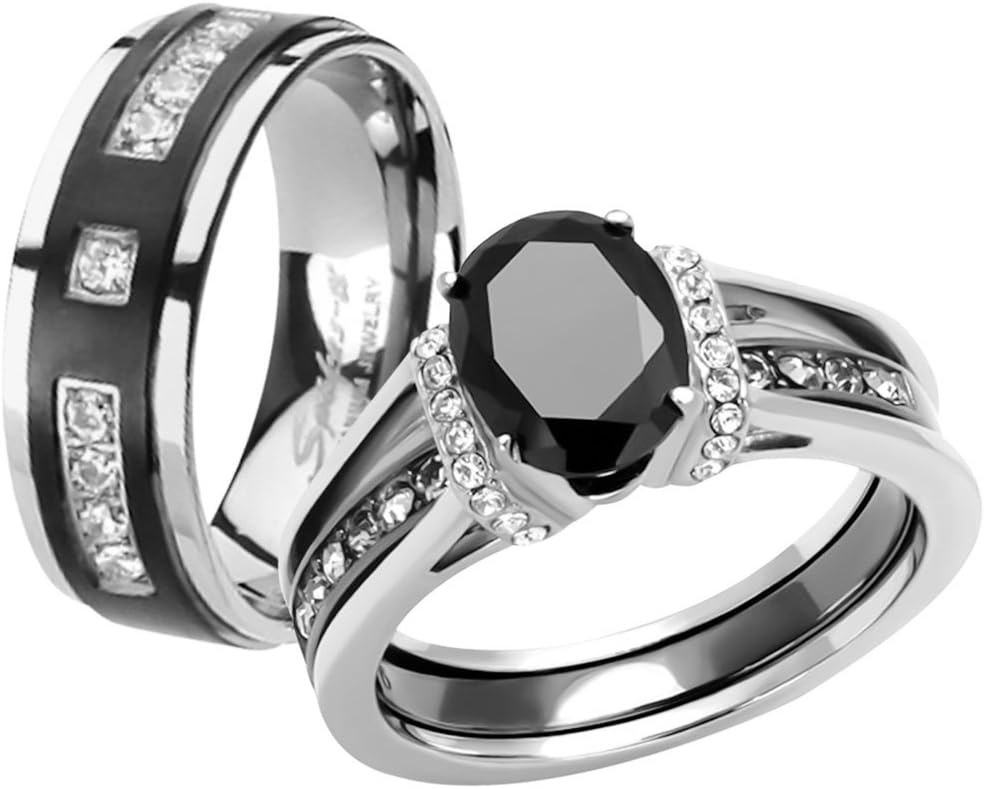 Marimor Jewelry Her and His Black Cubic Zirconia Stainless Steel Wedding Engagement Ring and Titanium Band Set