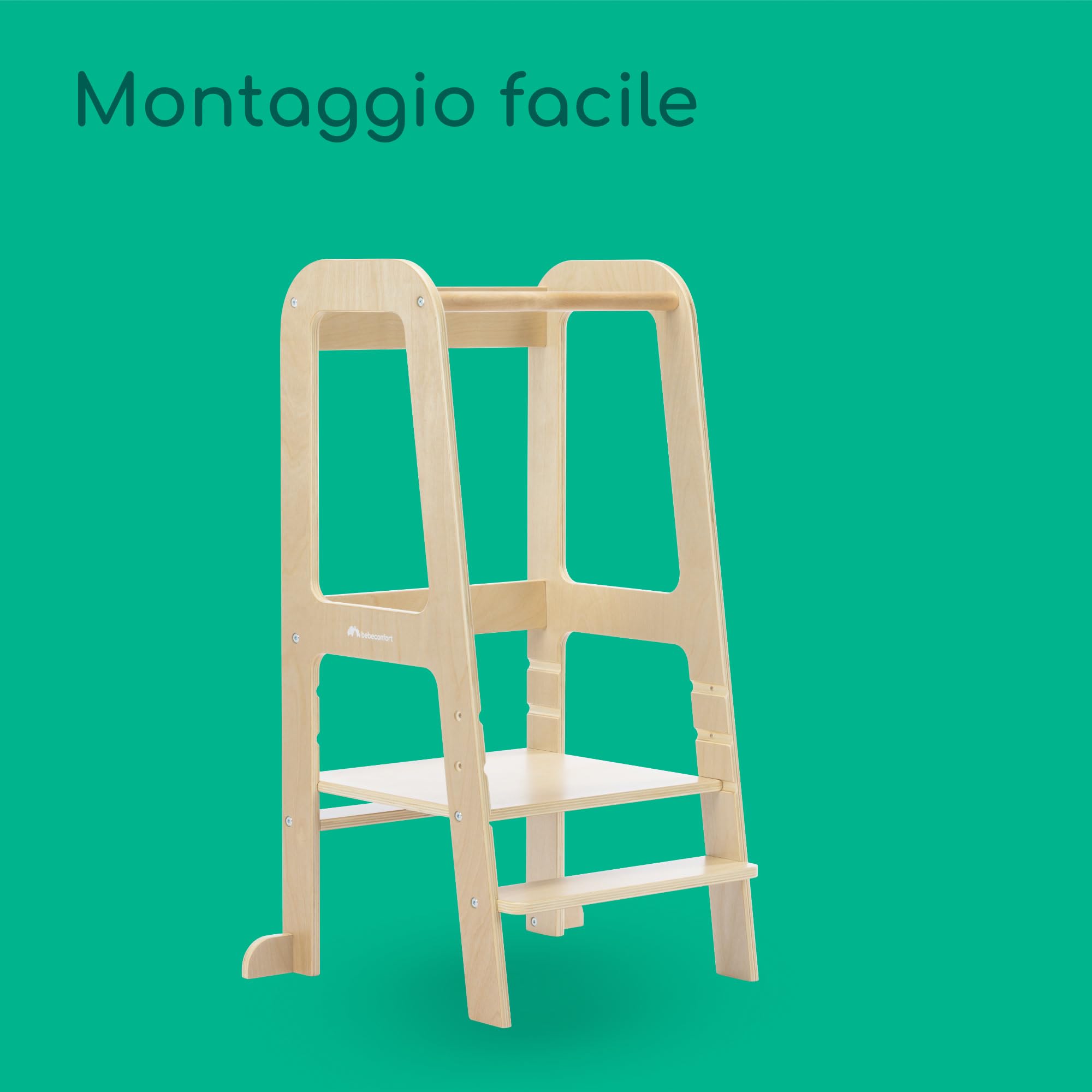 Bebeconfort Hoya, Torre Montessoriana Bambini e Bimbi Piccoli, 1,5-6 anni (10-30 kg), 3 Altezze Regolabili, Sicurezza Certificata, Torre di Apprendimento in Legno 6,2 kg, Design Durevole, Natural Wood
