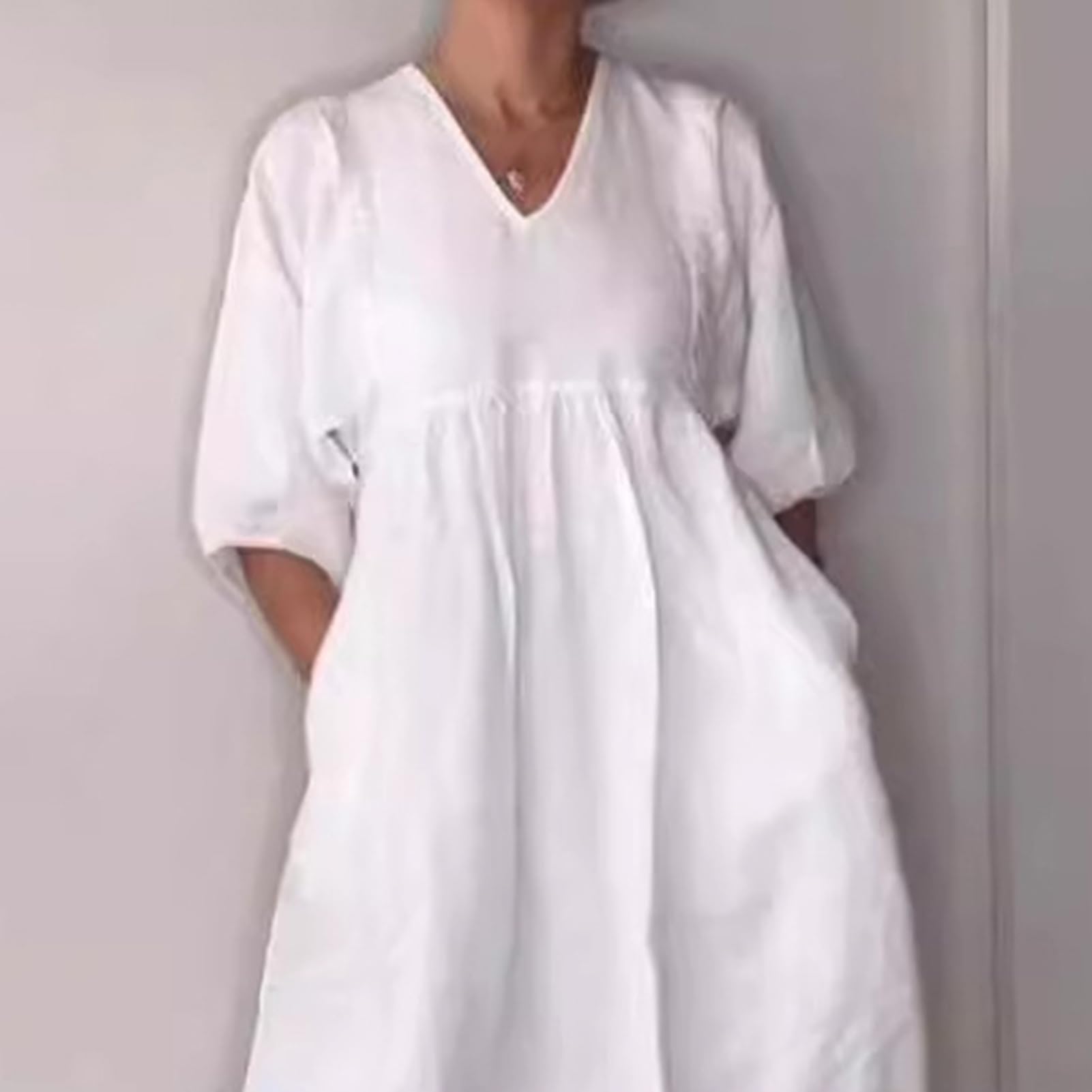 Vestido acampanado con cuello en V, manga tres cuartos, plisado, color sólido, casual, con bolsillos, elegante vestido de verano suelto para mujer, uso diario