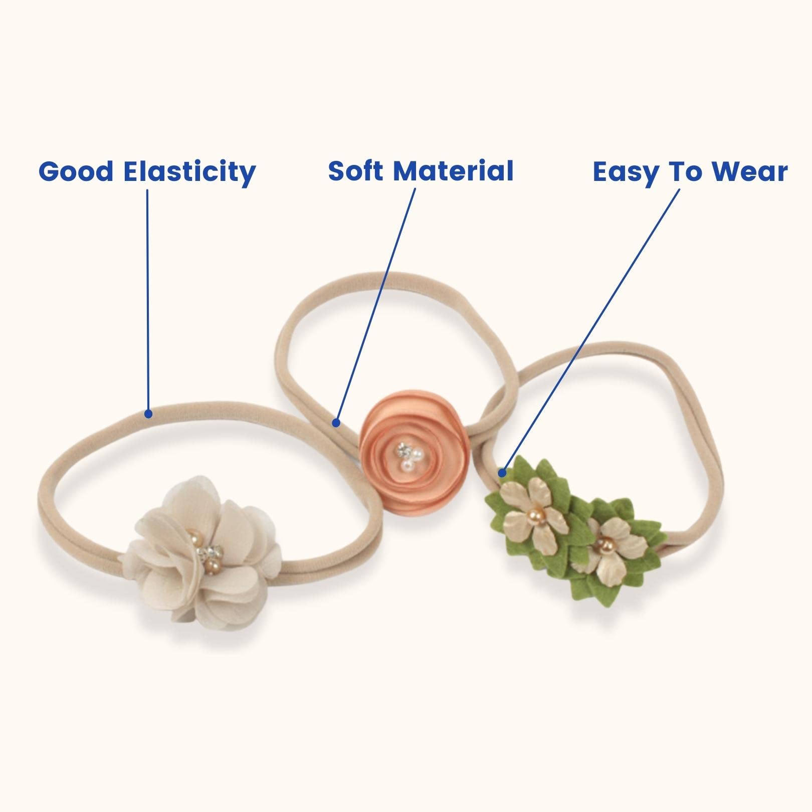 SYGA 3 Pcs Baby Headband Nylon Flower Stretchable HairBand for Newborn Infant Toddlers Kids 0-3 Year (Khaki, Free Size) 4