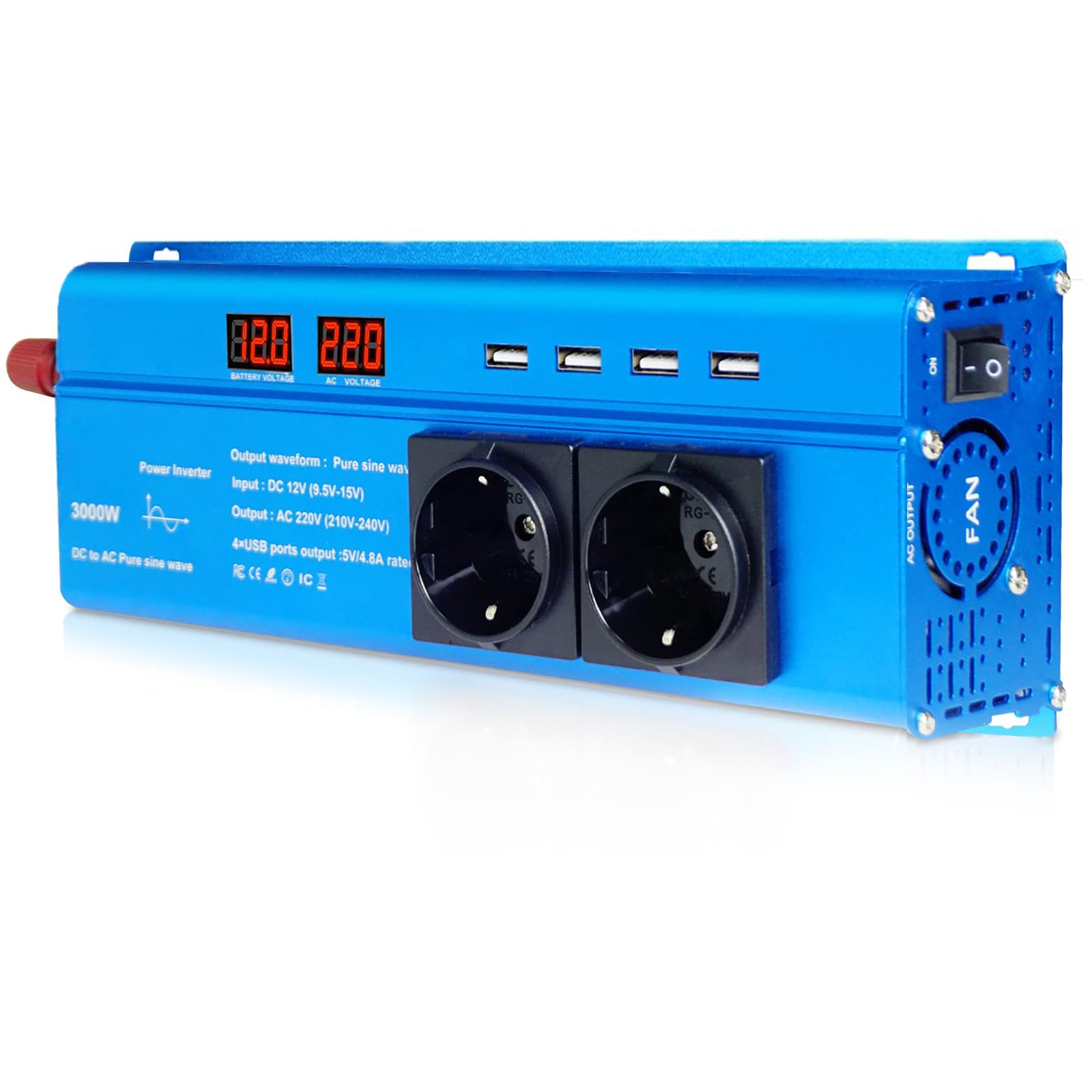 Yinleader Inverter 1500 W 12 V 230 V Pure Sine Wave Voltage Converter with 2 AC Sockets 4 USB 2 LEDs