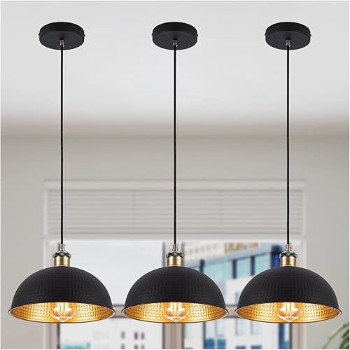 Lámpara colgante industrial negra con acabado dorado vintage de 10 pulgadas, lámpara colgante de cúpula retro de granja, mini lámpara colgante negra