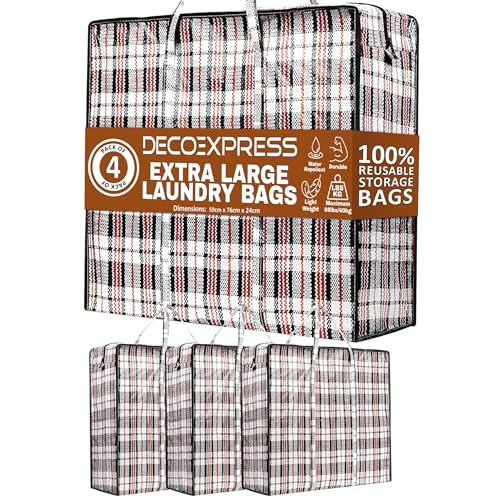 Deco Express Grand Sac de Rangement Buanderie, Lot de 4 XXL 75L 76x59x24cm, Fermeture Eclair Sac Demenagement, Rangement pour Vêtements et Penderies (76 X 59...