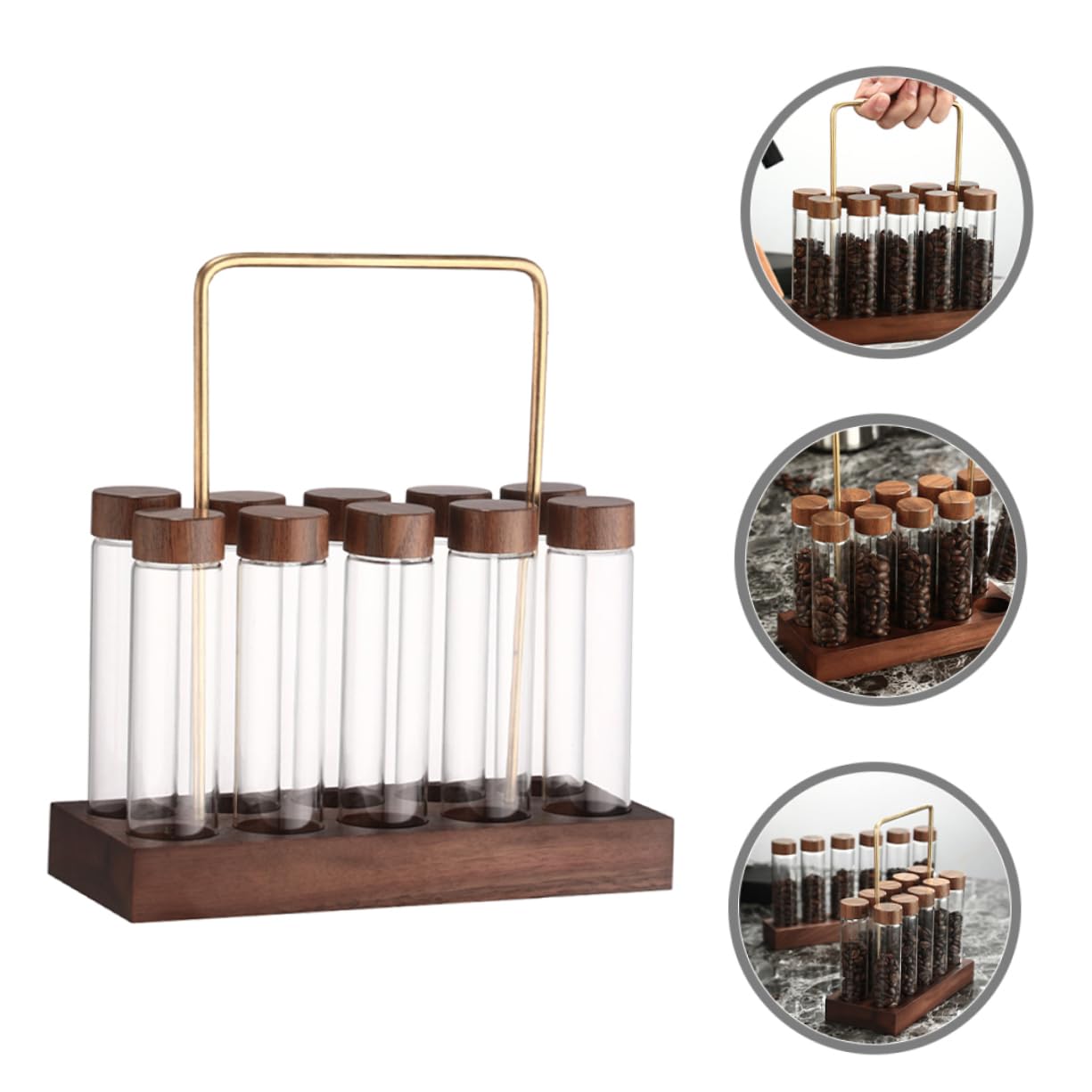 SHOWERORO Glas-kaffeebohnen-fläschchen Mit Deckel Und Holz-präsentationsständer Zur Aufbewahrung Von Kaffeebohnen Tee Süßigkeiten Und Gewürzen