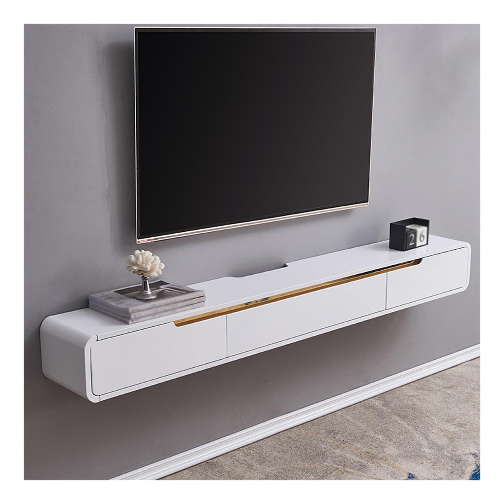 Meuble TV flottant 120 cm blanc avec gestion intégrée des câbles