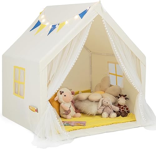 Miniatura 10 de HONEY JOY Tienda de campaña para niños, tienda de campaña para niños pequeños con alfombra, ventanas, cortina, marco de madera maciza, 52 x 36 x 52