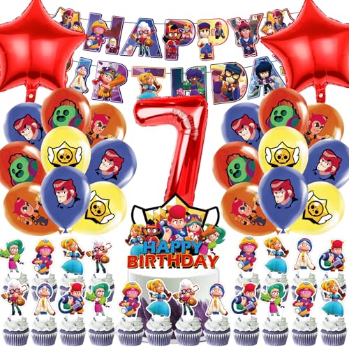Il Pacchetto Include: Il set di decorazioni di compleanno comprende 1 palloncino foil digitale rosso di 7 anni, 2 palloncini foil, 16 palloncini in lattice, 25 decorazioni per torta e 1 striscione
