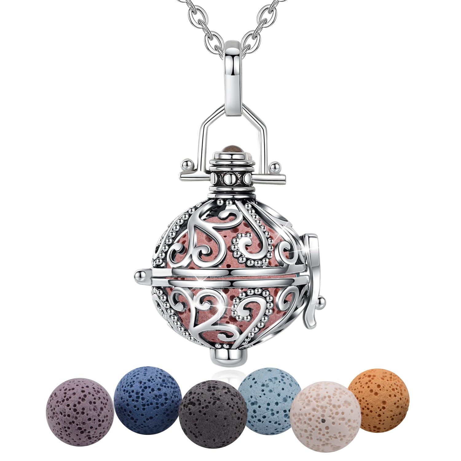 EUDORA Harmony Ball Aromaterapia Collana Donna Diffusione Aroma Collane Donna Aroma Olio Diffusore Ciondolo Gioielli Yoga Regali per Donne Madre con Pietra Lavica 7PCS, 24"