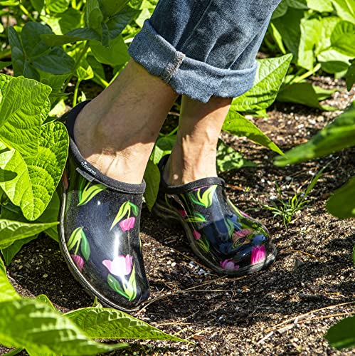 Sloggers Waterproof Garden Shoe For Women – Outdoor Slip-On Rain And Garden Clogs With Premium Comfort Support Insole, (Tulip Black), (Size 10) #TOP4