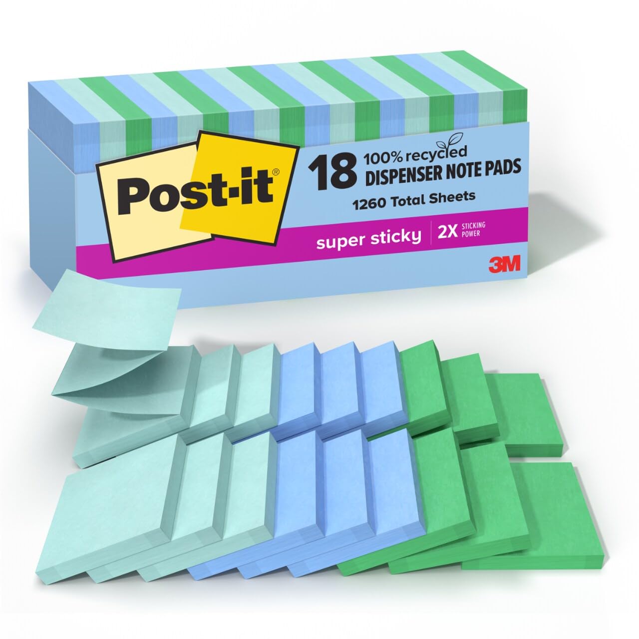 Post-it Super Sticky 100 Recycled Pop-up Notes Oasis Collection 3 in x 3 in 70 Sheets 18 Pads