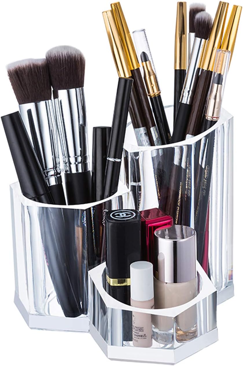 Sooyee Premium Acrylic Brush Holder Desk Organizer, Lipstick Organizer, Round, Clear,3 compartments can be placed with 20-30 cosmetic brushes