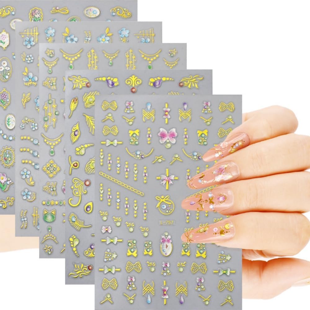 16Sheets Gold Nail Stickers Laser 5D Embossed Nail Decals Gem Flower Nail Designs Spring Summer Nails Supplies 3D Self-Adhesive Colorful Butterfly Fruits Nails Stickers Decals for Women DIY Manicure image 4