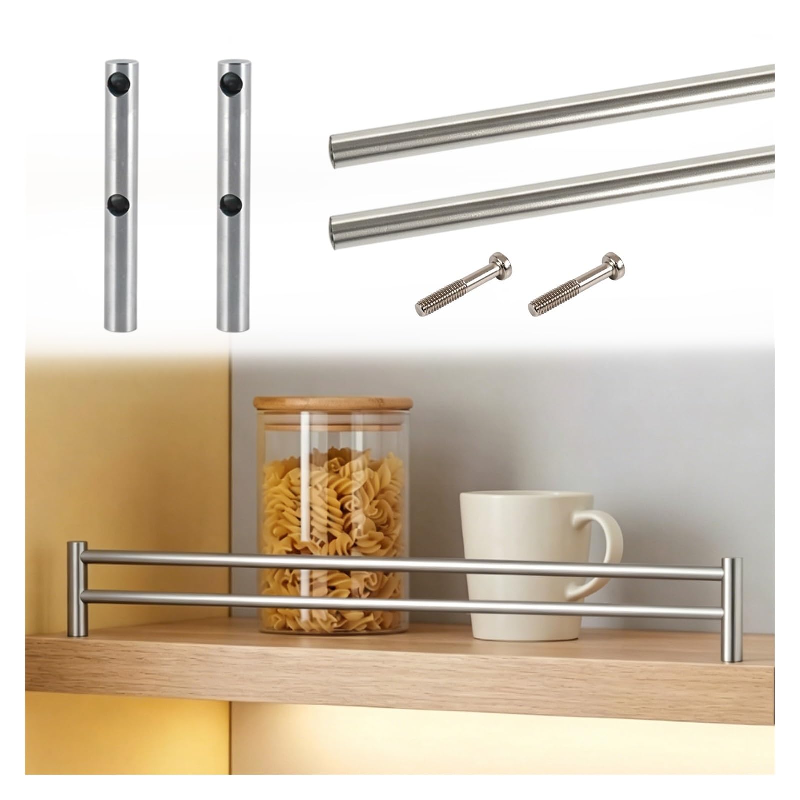 Hphdfs Silver Customizable Length Cabinet Safety Rail 25 45 65 85 105Cm, Stainless Steel Decor Retaining Strip With 3 Spindles, Anti-Tipping Gallery Rails For Glassware, Collectibles(,L 46Cm/18.1")