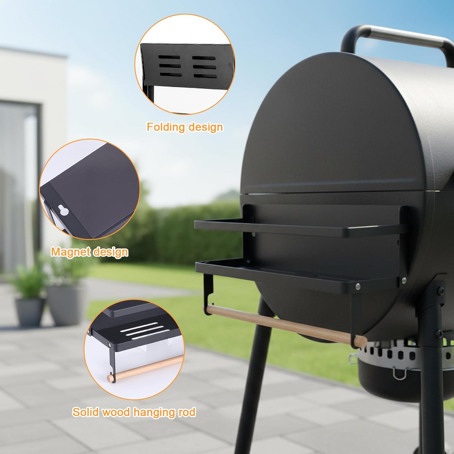 Foldable Magnetic Grill Storage Bin for Pellet Grills- Universal Pellet Grill Accessory Set with BBQ Tool Organizer & Paper Towel Holder & Hooks, Pellet Container & Outdoor BBQ Organizer