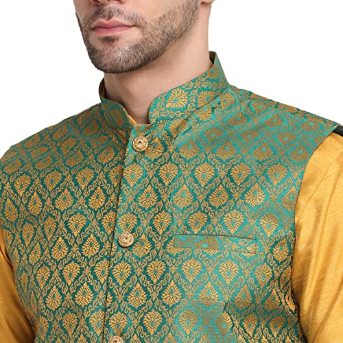 Image of KRAFT INDIA Mens Gold Silk Blend Kurta and Churidar Set With Jacquard Paisley Nehru Jacket