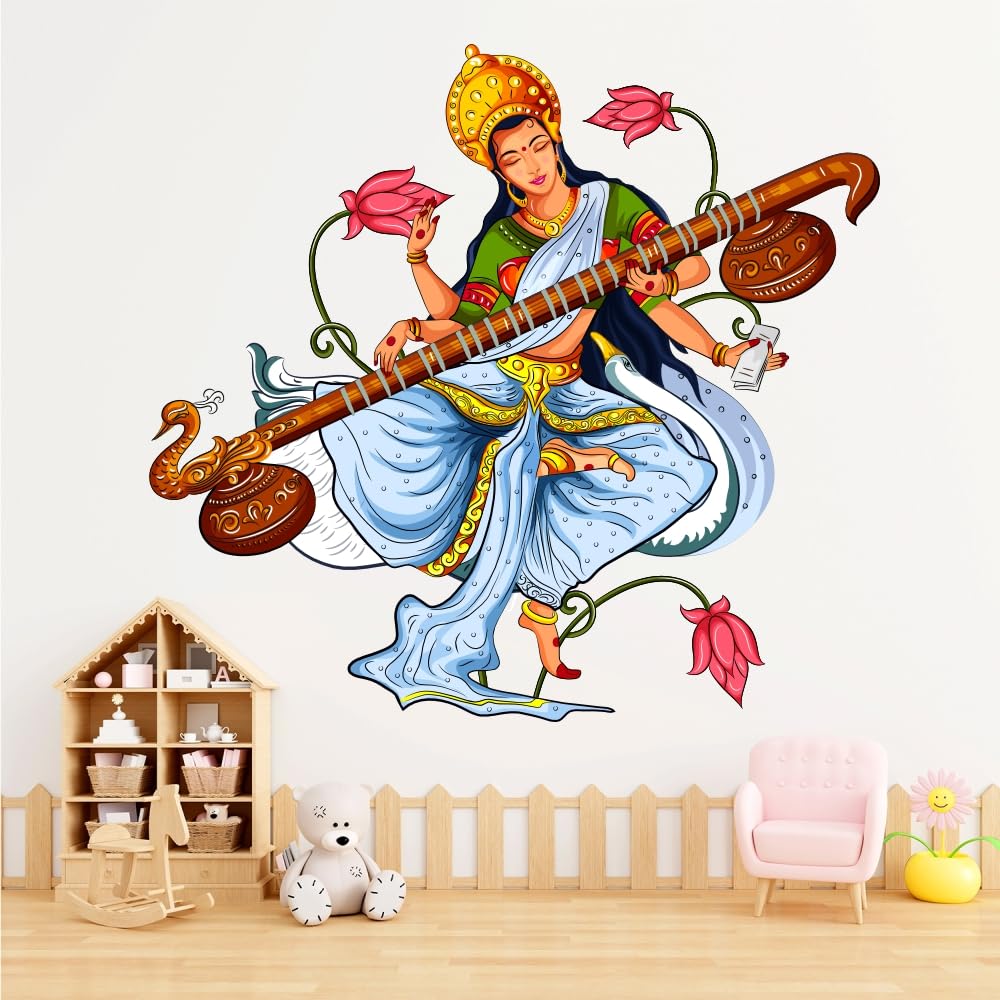 CAVE ART  Maa Saraswati Playing Veena Education God Spiritual Colorful Decal Wall Stickers for School  - CA145 (PVC Vinyl - 90 cm X 85 cm) (B0CFJXBZYY) Amazon Price History, Amazon Price Tracker