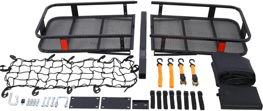 60" X 21" X 6" Hitch Mount Cargo Carrier Basket, Waterproof Cargo Bag 13 Cubic Feet(56" 20" 20"), A Folding Arm and Hauling Weight Capacity of 500 Lbs with Hitch Stabilizer, Net and Straps